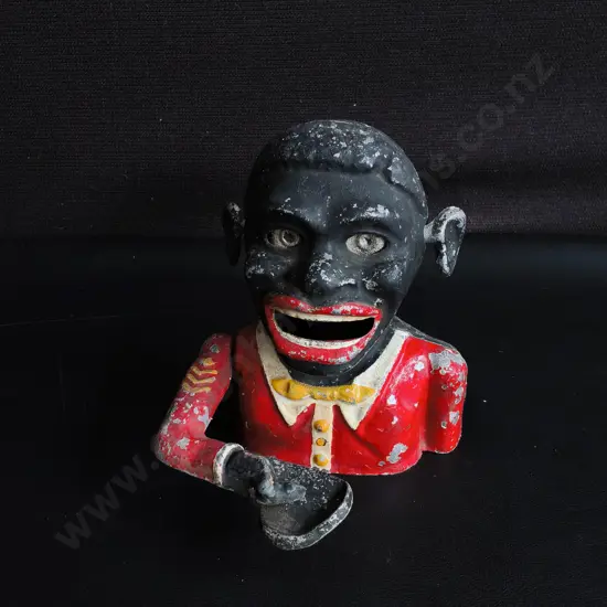 VINTAGE STARKIE'S PATENT MECHANICAL "JOLLY BOY" ALUMINIUM MONEY BOX, H 14 CM