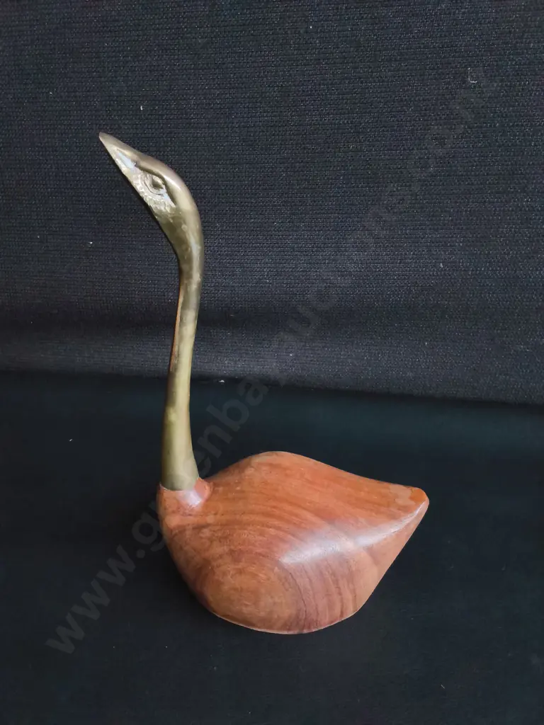 VINTAGE MID CENTURY MODERN BRASS DUCK, AND BRASS WOODEN SWAN, TALLEST H 20 CM Image 1++