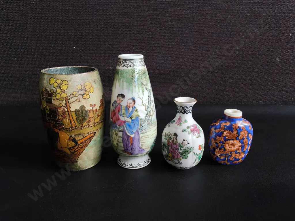VINTAGE CHINESE VESSELS, WOOD BRUSH POT, MINIATURE VASES AND SNUFF BOTTLES, TALLEST H 12 CM Image 1++