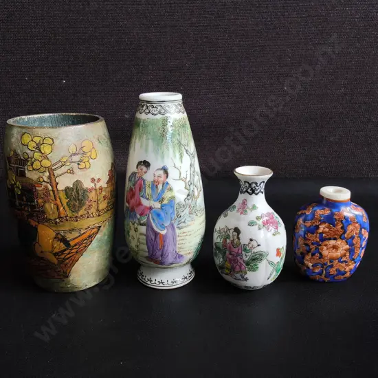 VINTAGE CHINESE VESSELS, WOOD BRUSH POT, MINIATURE VASES AND SNUFF BOTTLES, TALLEST H 12 CM