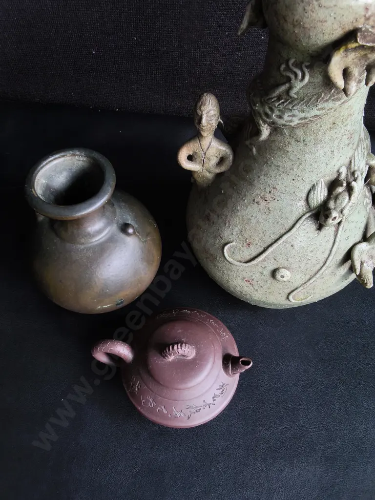VINTAGE CHINESE POTTERY, VASES AND TEAPOT, TALLEST H 30 CM Image 1++