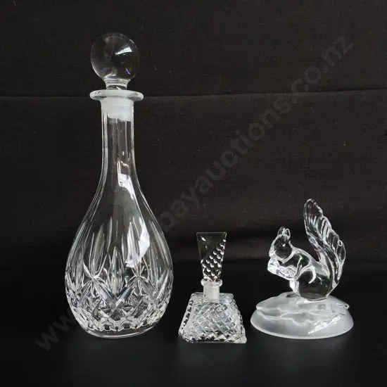 3 GLASS ITEMS, DECANTER, PERFUME BOTTLE, AND DECORATIVE FIGURE, TALLEST H 33 CM
