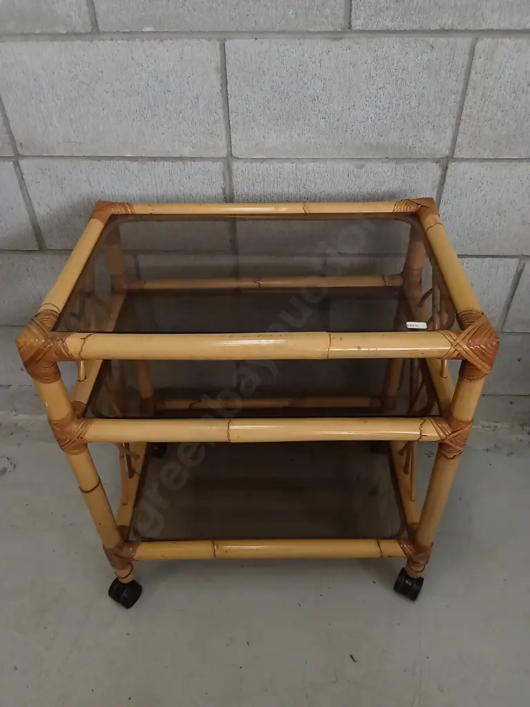 VINTAGE MID-CENTURY BAMBOO AND RATTAN BAR CART WITH GLASS SHELVES Image 1++