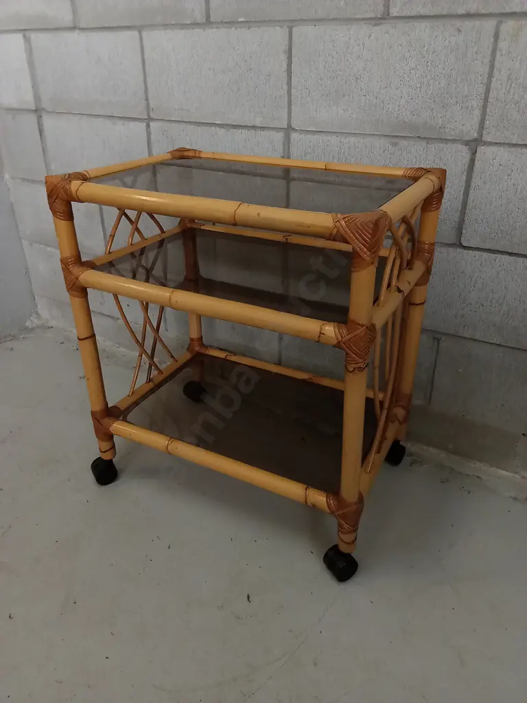 VINTAGE MID-CENTURY BAMBOO AND RATTAN BAR CART WITH GLASS SHELVES Image 1++