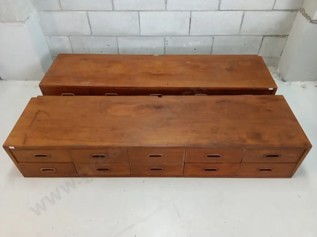 TWO SETS OF VINTAGE SOLID MAHOGANY DRAWERS, H 28CM X W 153CM X D 40CM Image 1++