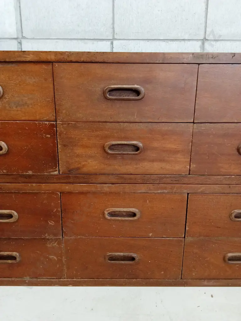TWO SETS OF VINTAGE SOLID MAHOGANY DRAWERS, H 28CM X W 153CM X D 40CM Image 1++