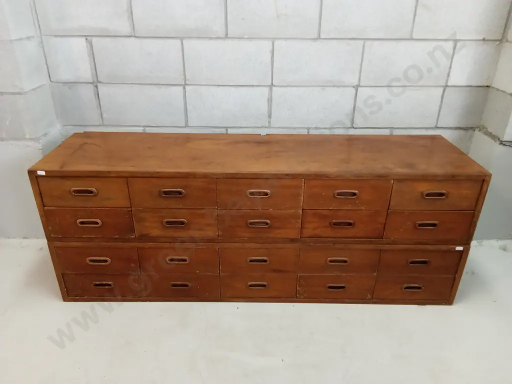 TWO SETS OF VINTAGE SOLID MAHOGANY DRAWERS, H 28CM X W 153CM X D 40CM Image 1++