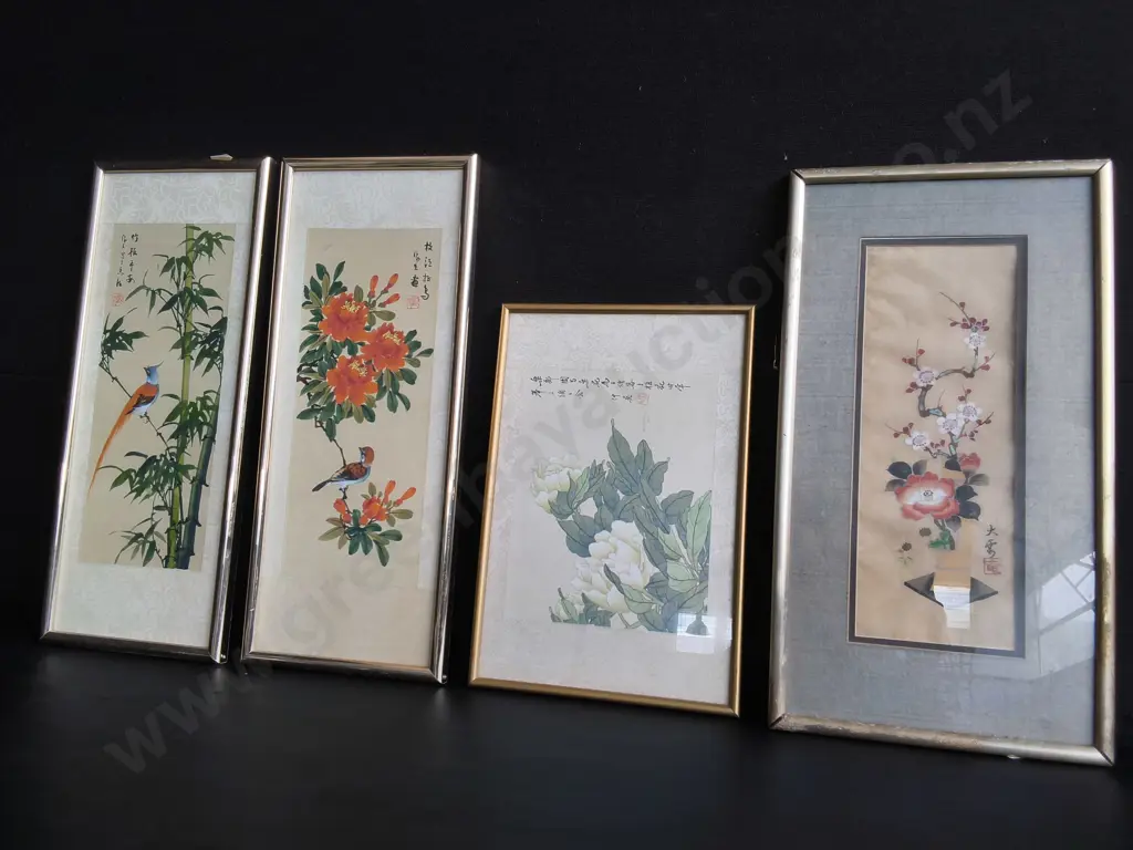 4 VINTAGE CHINESE ARTWORKS, FRAMED, TALLEST H 54 CM X W 22 CM Image 1++