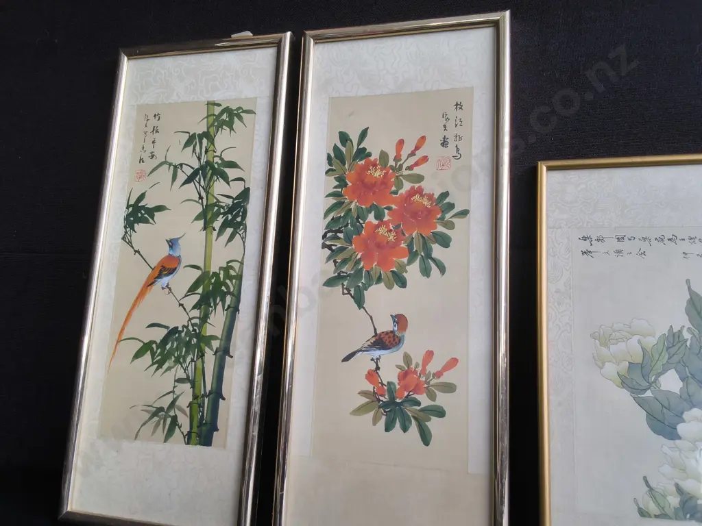 4 VINTAGE CHINESE ARTWORKS, FRAMED, TALLEST H 54 CM X W 22 CM Image 1++