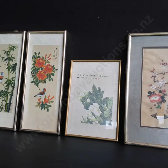 4 VINTAGE CHINESE ARTWORKS, FRAMED, TALLEST H 54 CM X W 22 CM
