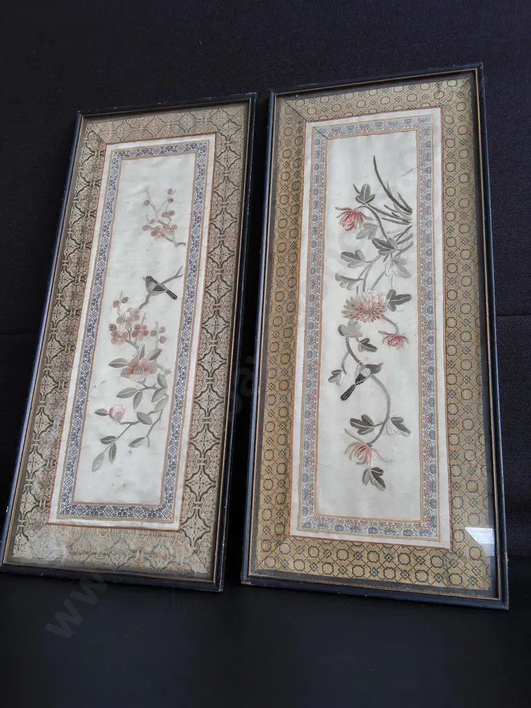 PAIR OF VINTAGE CHINESE SILK EMBROIDERY PANELS, FRAMED, H 63 CM X W 27 CM Image 1++