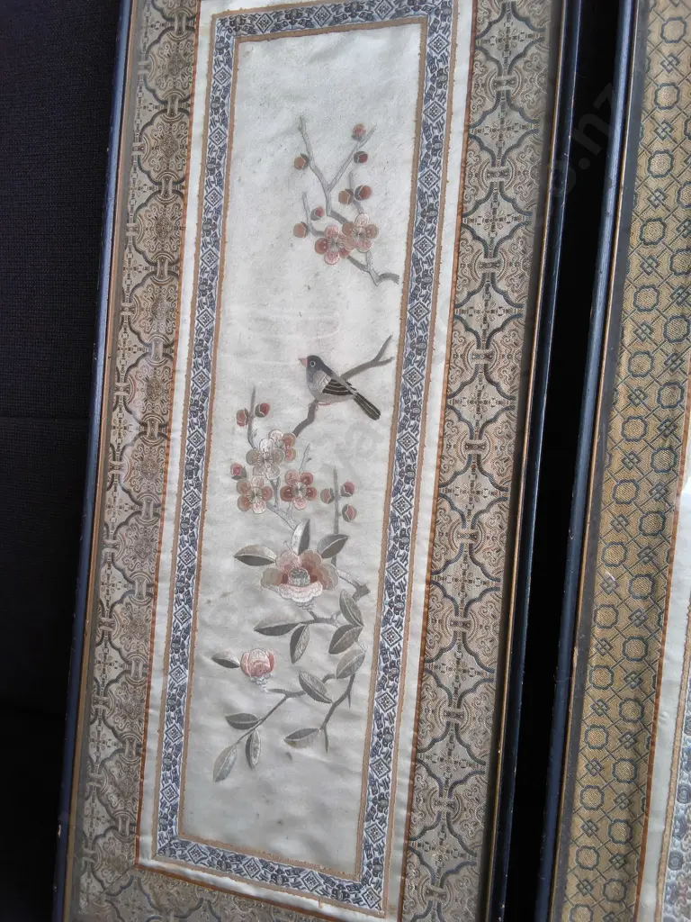 PAIR OF VINTAGE CHINESE SILK EMBROIDERY PANELS, FRAMED, H 63 CM X W 27 CM Image 1++
