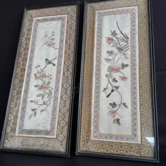 PAIR OF VINTAGE CHINESE SILK EMBROIDERY PANELS, FRAMED, H 63 CM X W 27 CM