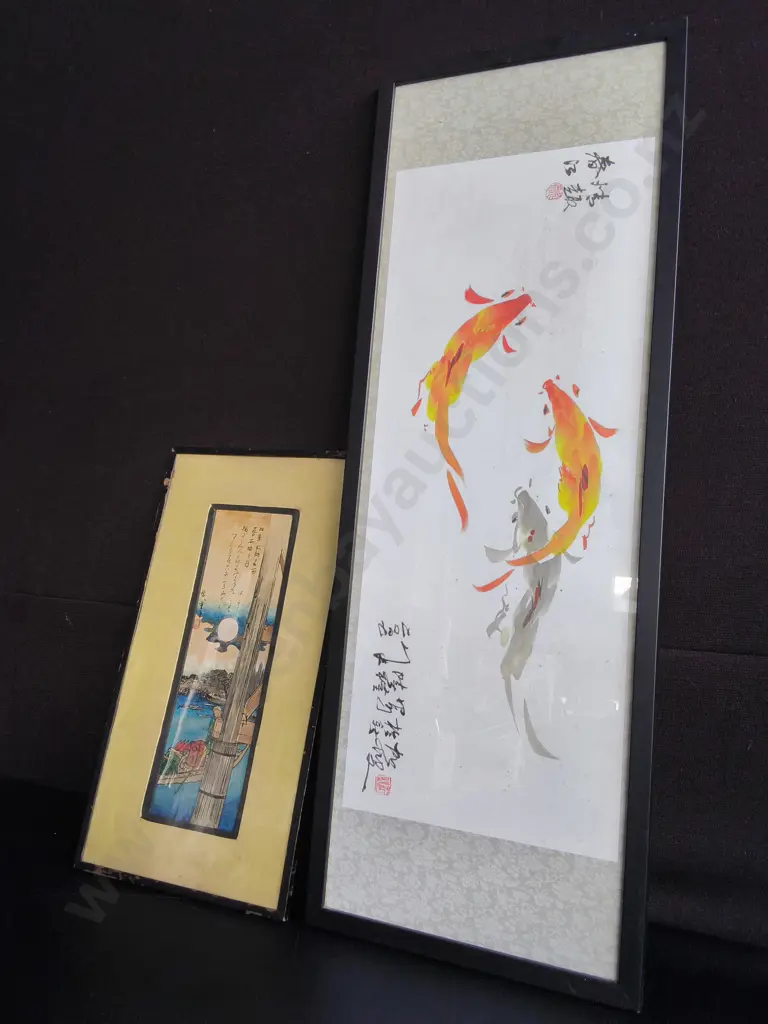 PAIR OF ASIAN ARTWORKS, CHINESE KOI AND JAPANESE UKIYO-E PRINT, FRAMED, TALLEST H 95 CM X W 34 CM Image 1++