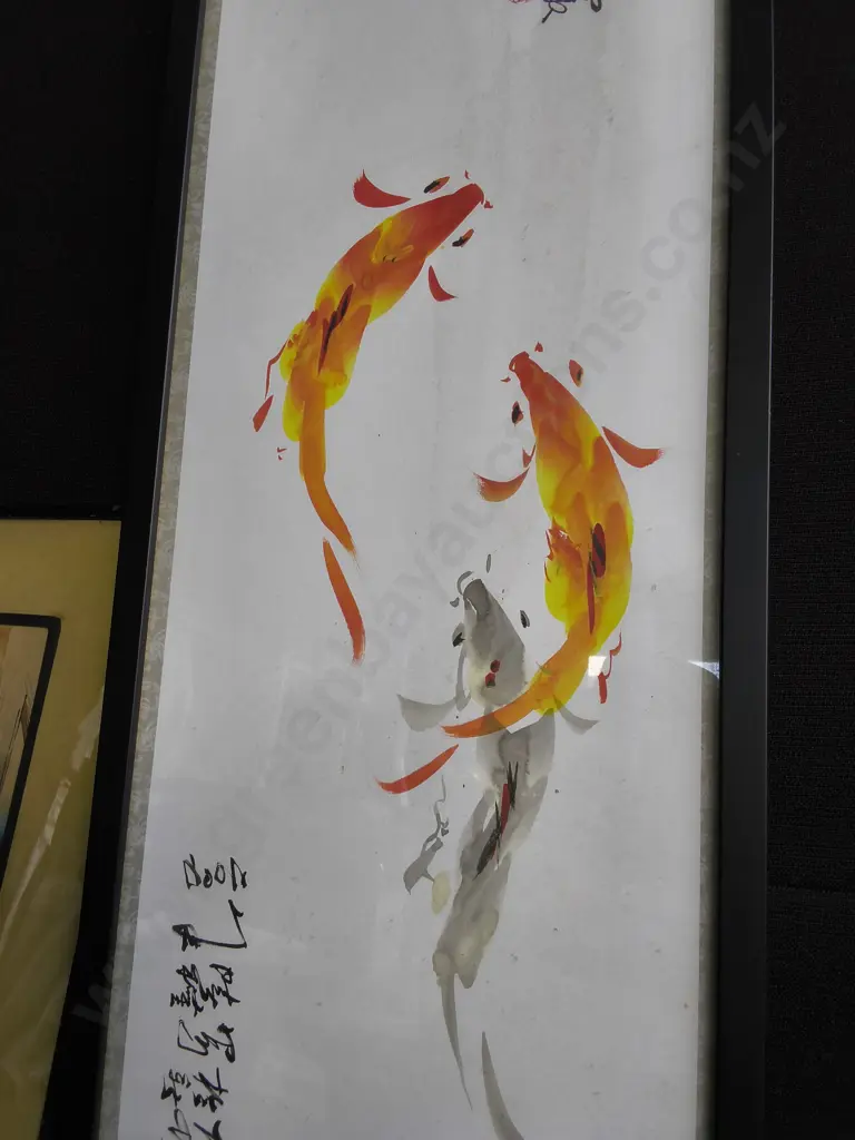 PAIR OF ASIAN ARTWORKS, CHINESE KOI AND JAPANESE UKIYO-E PRINT, FRAMED, TALLEST H 95 CM X W 34 CM Image 1++