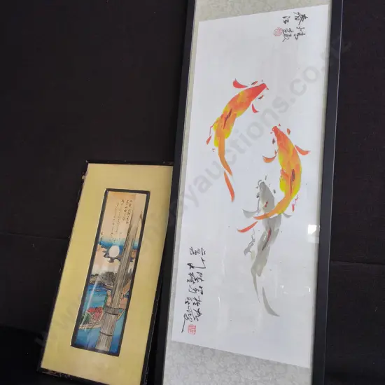 PAIR OF ASIAN ARTWORKS, CHINESE KOI AND JAPANESE UKIYO-E PRINT, FRAMED, TALLEST H 95 CM X W 34 CM