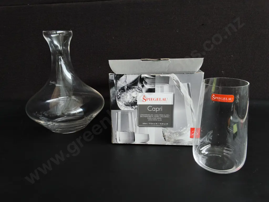 SPIEGELAU GLASS WINE DECANTER AND 4 BOXED CAPRI GLASSES, TALLEST H 22 CM Image 1++