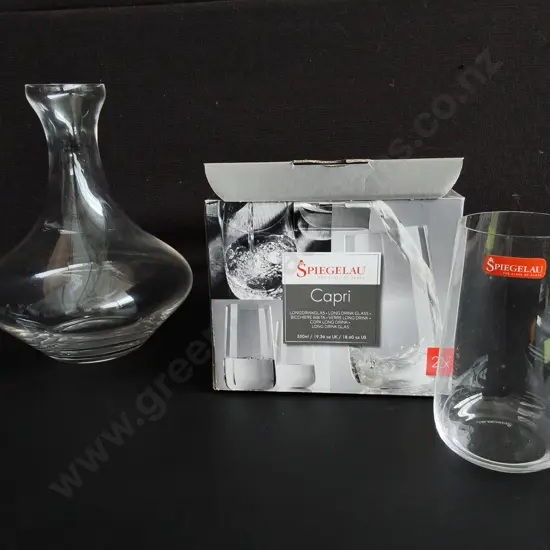 SPIEGELAU GLASS WINE DECANTER AND 4 BOXED CAPRI GLASSES, TALLEST H 22 CM