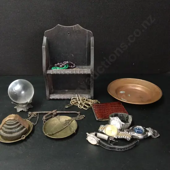 VINTAGE MIX INCLUDING BRASS BALANCE SCALE AND 4 WATCHES