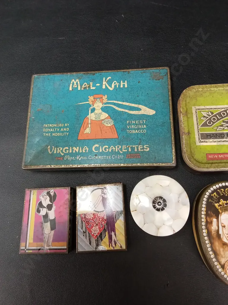 5 VINTAGE TINS LATEST L14.5CM, MINI PLAYING CARDS AND A MOTHER OF PEARL TRINKET BOX H3CM Image 1++
