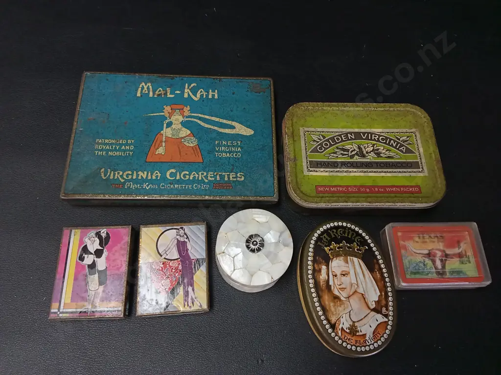 5 VINTAGE TINS LATEST L14.5CM, MINI PLAYING CARDS AND A MOTHER OF PEARL TRINKET BOX H3CM Image 1++