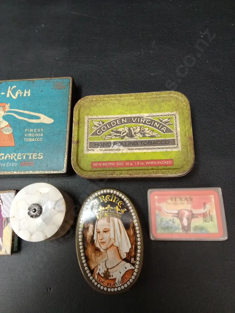 5 VINTAGE TINS LATEST L14.5CM, MINI PLAYING CARDS AND A MOTHER OF PEARL TRINKET BOX H3CM Image 1++