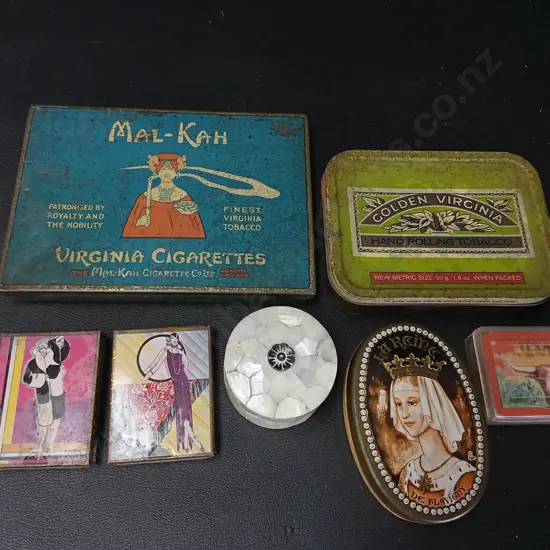 5 VINTAGE TINS LATEST L14.5CM, MINI PLAYING CARDS AND A MOTHER OF PEARL TRINKET BOX H3CM