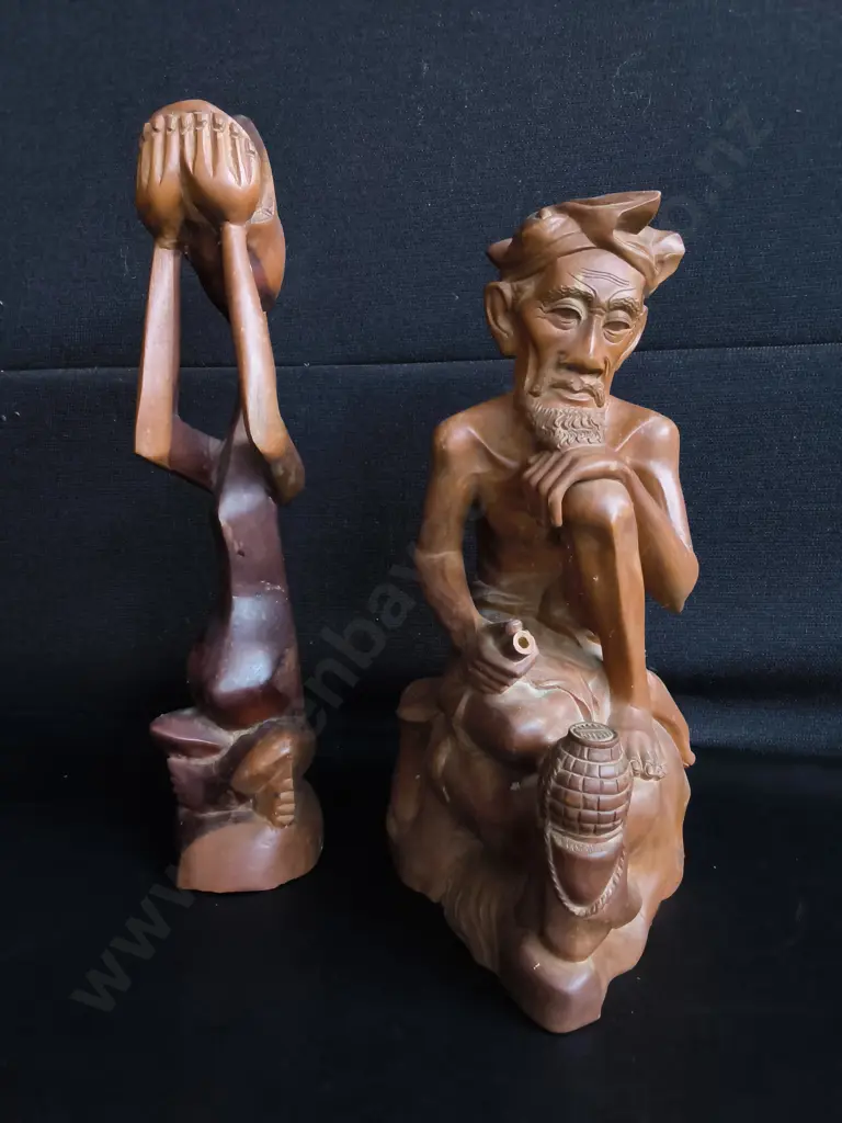 VINTAGE BALINESE HAND CARVED WOOD SCULPTURES, SET OF 2, TALLEST H 41 CM Image 1++