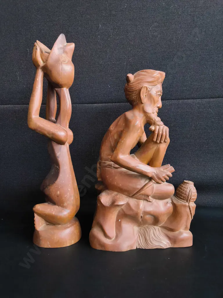 VINTAGE BALINESE HAND CARVED WOOD SCULPTURES, SET OF 2, TALLEST H 41 CM Image 1++