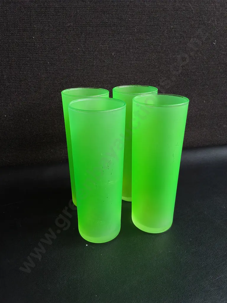 SET OF 4 VINTAGE FROSTED NEON GREEN HIGHBALL GLASSES, URANIUM, H 16 CM Image 1++
