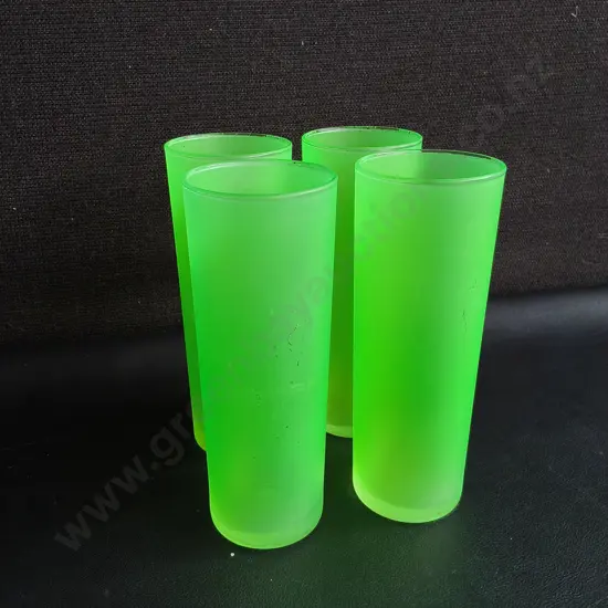 SET OF 4 VINTAGE FROSTED NEON GREEN HIGHBALL GLASSES, URANIUM, H 16 CM