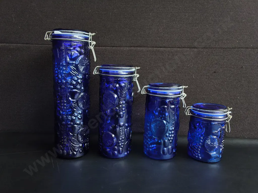SET OF 4 COBALT BLUE GLASS FRUIT CANISTERS, TALLEST H 33 CM Image 1++