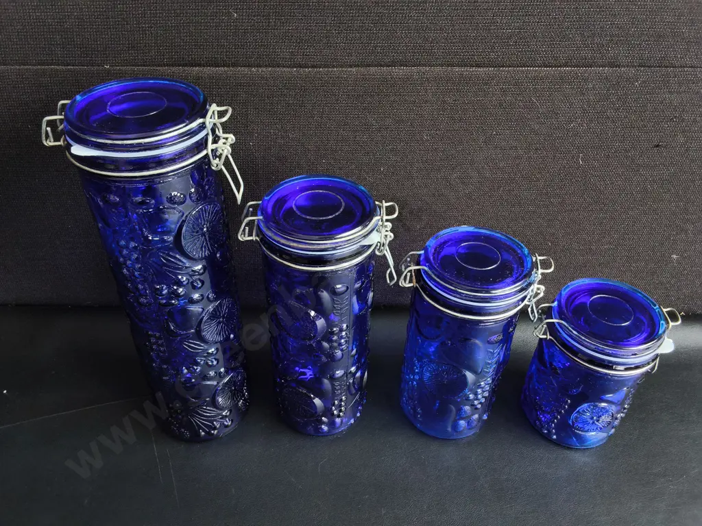 SET OF 4 COBALT BLUE GLASS FRUIT CANISTERS, TALLEST H 33 CM Image 1++