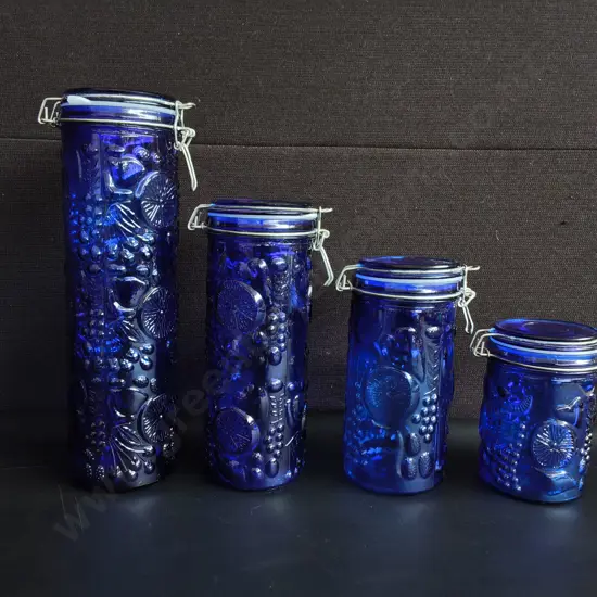 SET OF 4 COBALT BLUE GLASS FRUIT CANISTERS, TALLEST H 33 CM