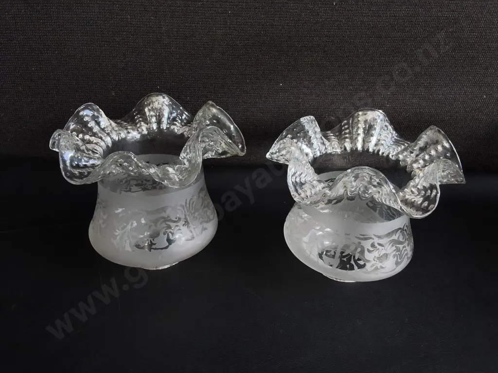 PAIR OF VINTAGE FROSTED AND ETCHED GLASS LAMP SHADES, H 12.5 CM Image 1++