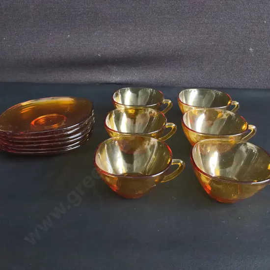 SET OF 6 AMBER CUPS AND SAUCERS, VERECO, FRANCE
