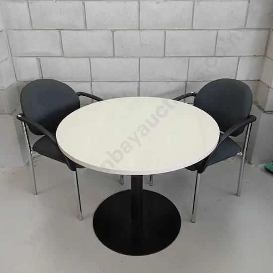 ROUND MEETING TABLE WITH 2 UPHOLSTERED OFFICE CHAIRS, 90CM DIAMETER