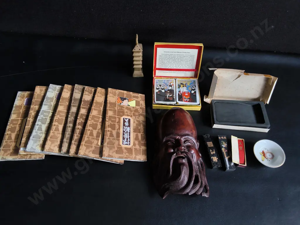 MIX OF VINTAGE ASIAN ITEMS, JAPANESE UKIYO-E ART BOOKS, CHINESE CALLIGRAPHY SET, PEKING OPERA CARDS, CARVED WOODEN MASK Image 1++