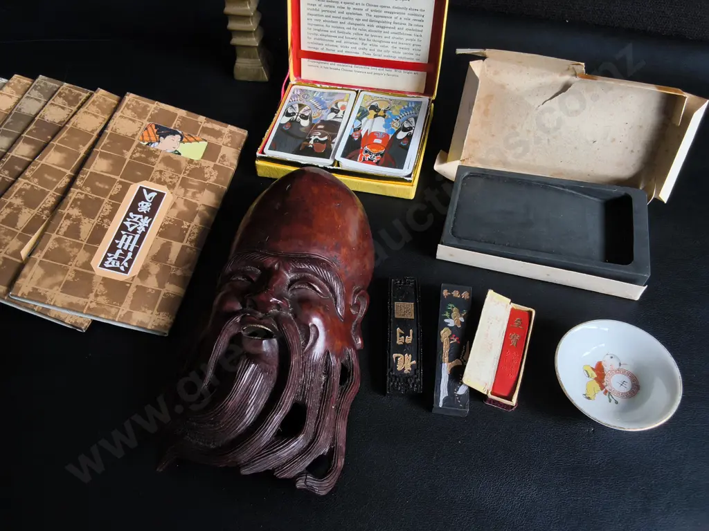 MIX OF VINTAGE ASIAN ITEMS, JAPANESE UKIYO-E ART BOOKS, CHINESE CALLIGRAPHY SET, PEKING OPERA CARDS, CARVED WOODEN MASK Image 1++