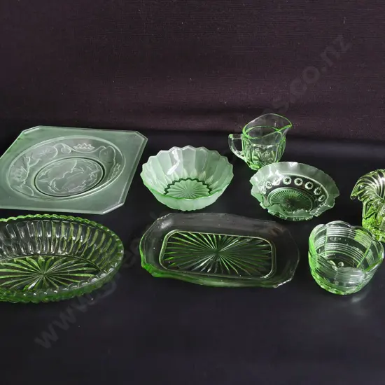 COLLECTION OF VINTAGE GREEN GLASS DISHES, WIDEST W 23 CM
