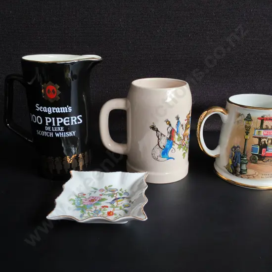 3 VINTAGE MUGS AND TRINKET DISH, TALLEST H 17 CM