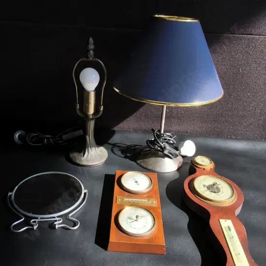 VINTAGE LAMPS, WEATHER STATIONS, AND MIRROR, TALLEST H 35 CM
