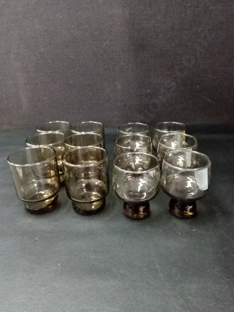 2 SETS OF 6 VINTAGE KAARU SMOKY QUARTZ GLASSES TALLEST H8CM Image 1++