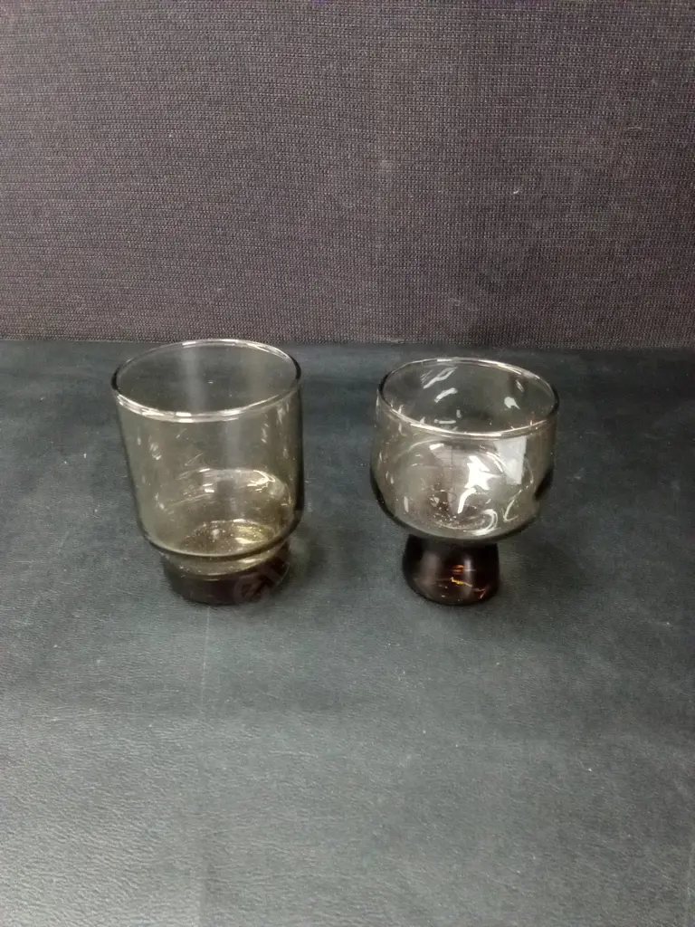 2 SETS OF 6 VINTAGE KAARU SMOKY QUARTZ GLASSES TALLEST H8CM Image 1++