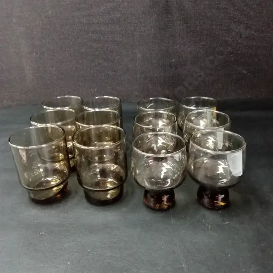 2 SETS OF 6 VINTAGE KAARU SMOKY QUARTZ GLASSES TALLEST H8CM