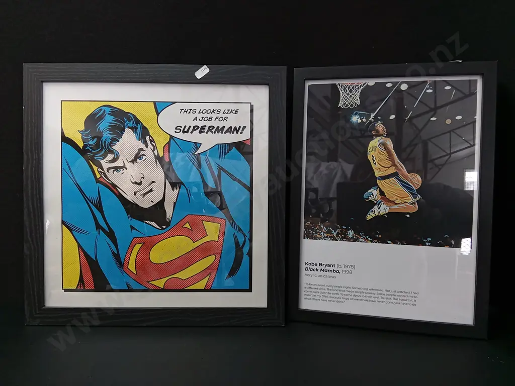 2 FRAMED PRINTS, SUPERMAN 45CM X 45CM, KOBE BRYANT 33CM X 45CM Image 1++