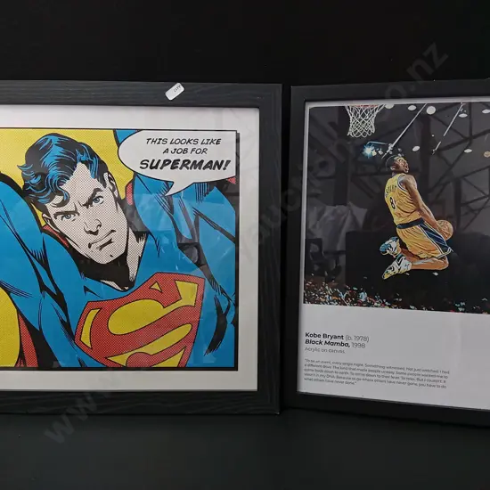 2 FRAMED PRINTS, SUPERMAN 45CM X 45CM, KOBE BRYANT 33CM X 45CM