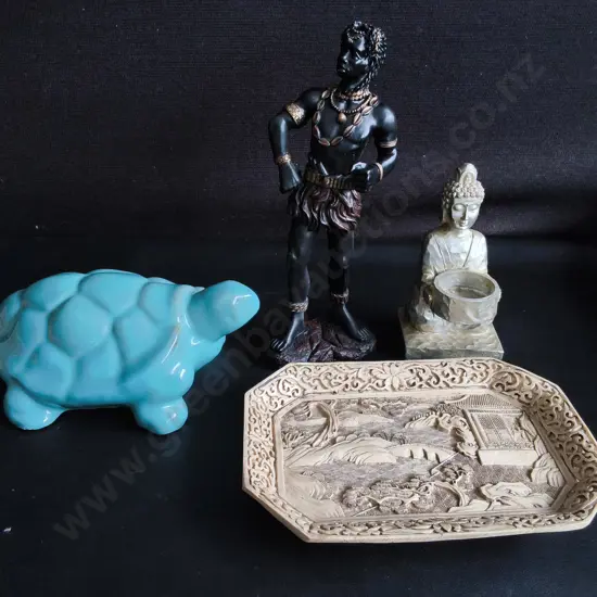4 PIECES VINTAGE AND CULTURAL HOME DECOR, TALLEST H 27 CM