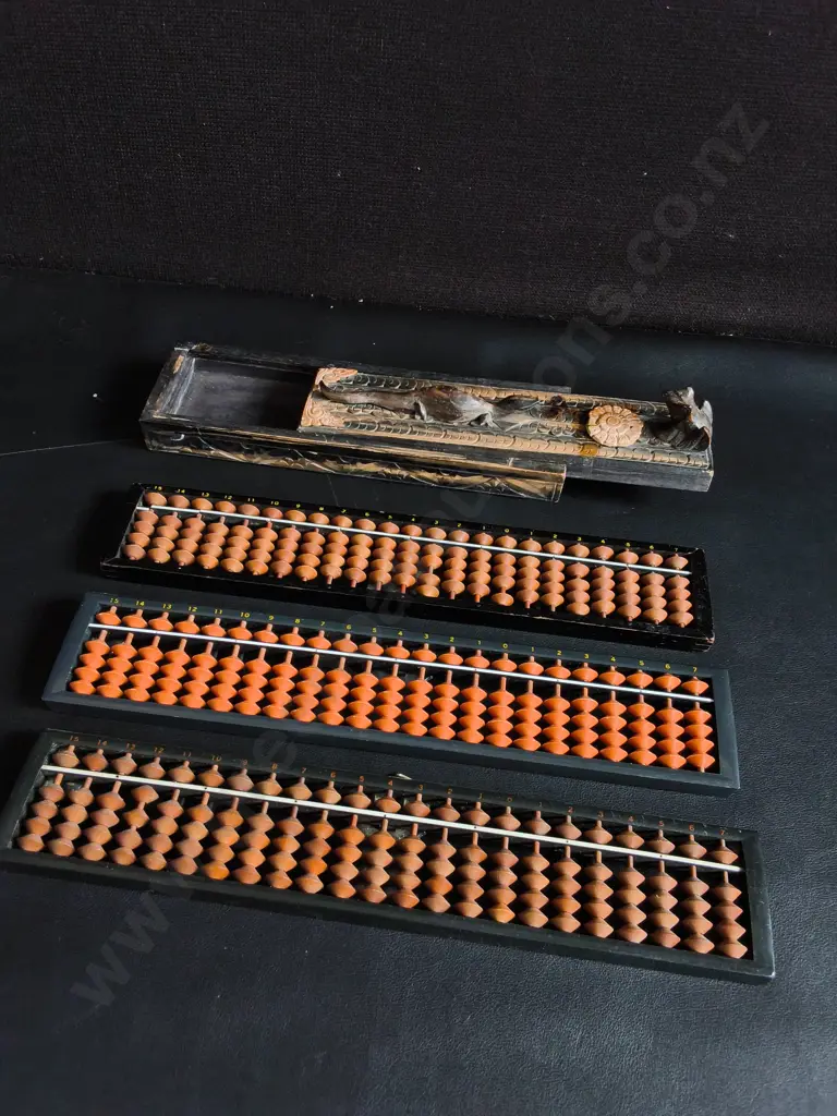 3 JAPANESE SOROBAN ABACUSES AND CARVED WOODEN CASE Image 1++