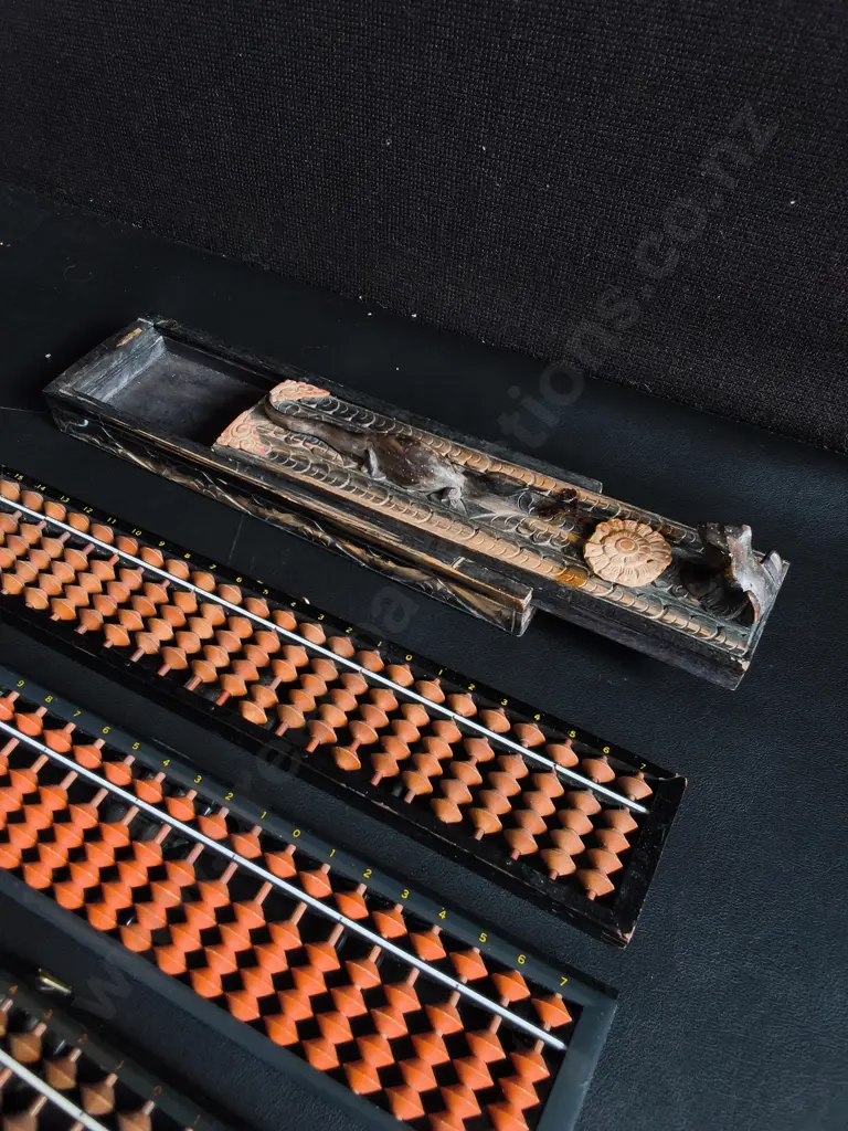3 JAPANESE SOROBAN ABACUSES AND CARVED WOODEN CASE Image 1++